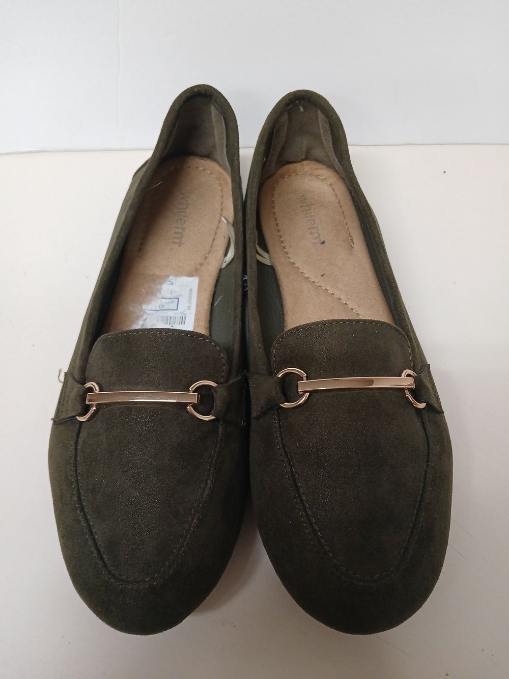 Olive Suede Loafers with Rose Gold Bar - Women's Slip-On Flats